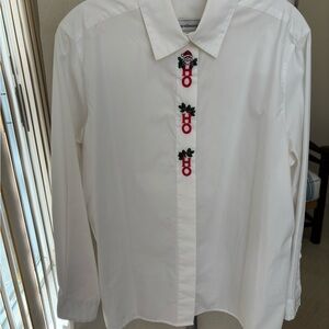 Jacobson’s White Button Down Shirt with Festive Santa Embroidery Size 12